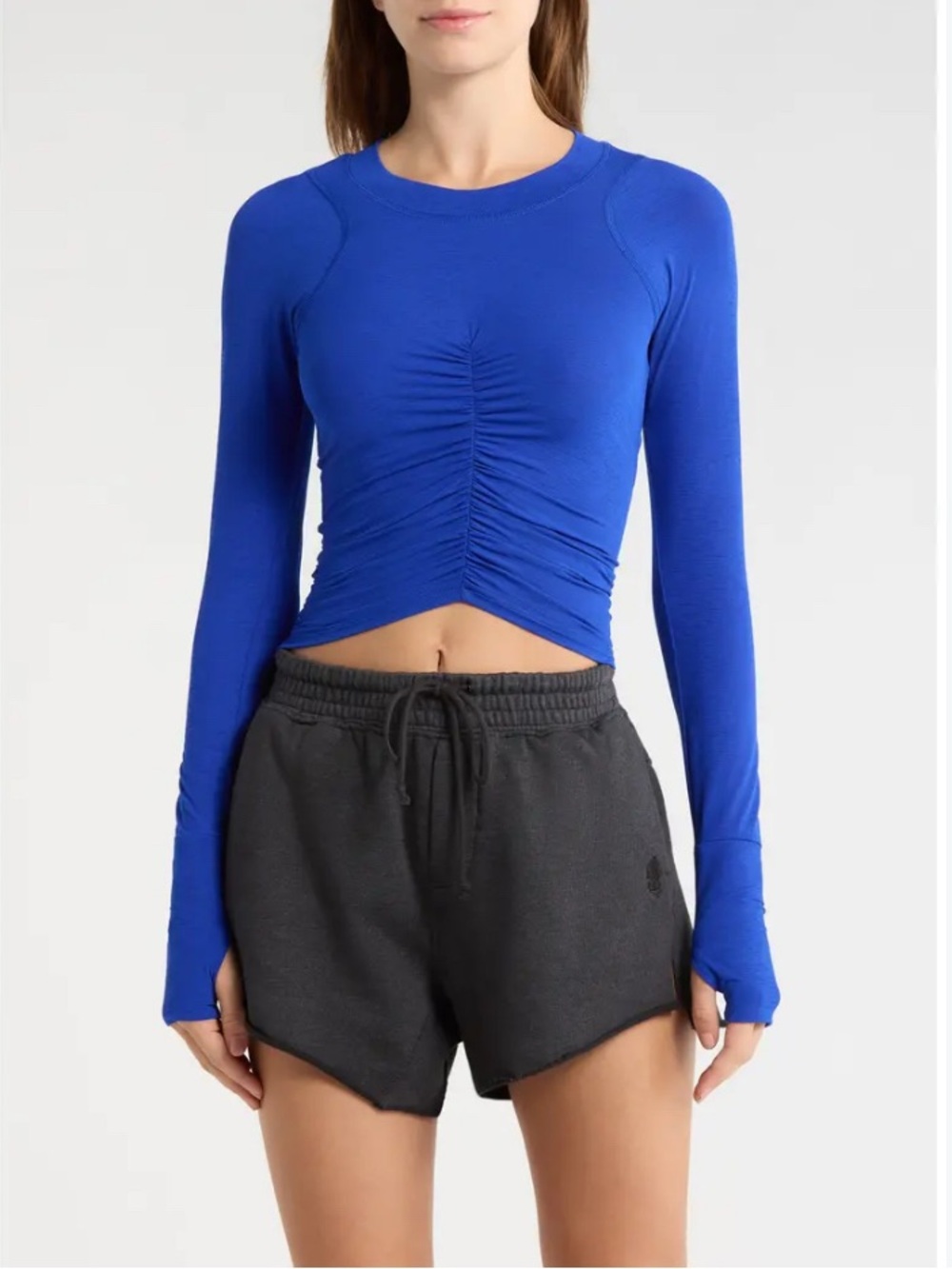 Free People FP Movement Tempo Ruched Long Sleeve T-Shirt Blue Size XL Stretch
